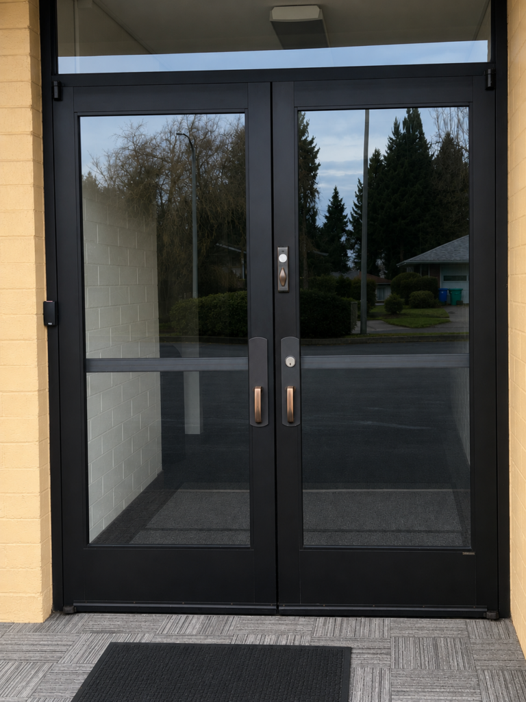 Modern black framed glass entry door installation