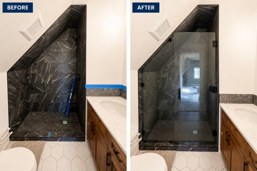 Custom glass shower enclosure with black hardware