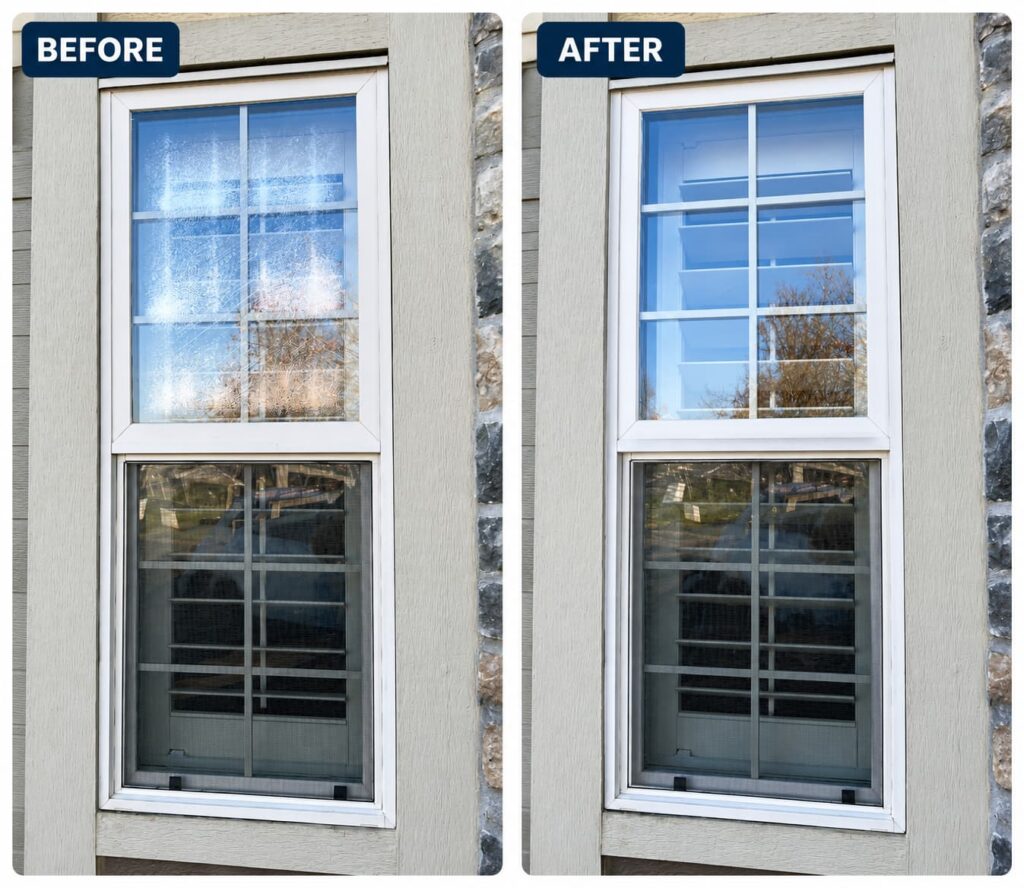 Before and after white vinyl window replacement