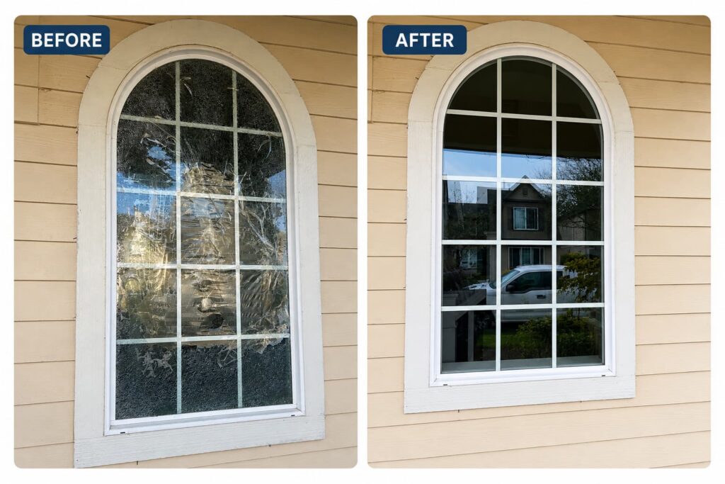 Before and after arched window replacement on home exterior